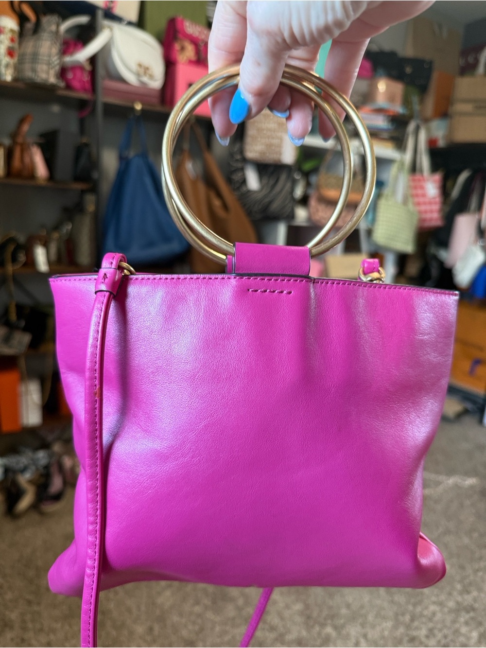 Hot Pink Mini Leather Ring-Handle Crossbody Bag by Thacker